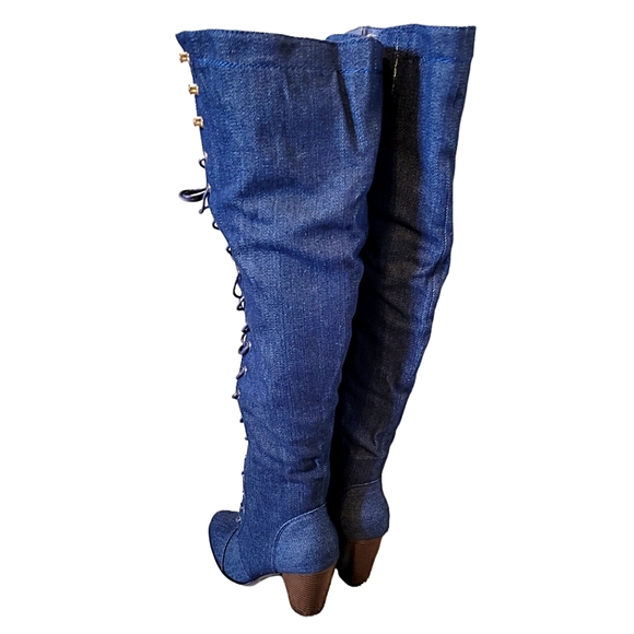 ⭐️2 SIZES LEFT - DARK DENIM LACE-UP KNEE HIGH BOOTS-NIB - Picture 5 of 6